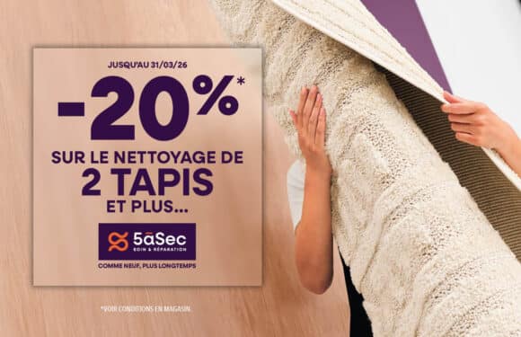 5àsec – 20% sur le nettoyage de 2 tapis