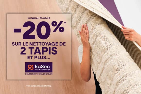 5àsec – 20% sur le nettoyage de 2 tapis